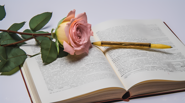 书籍上面的玫瑰花摄影图版权图片下载