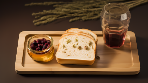 木板上的面包和水杯金色与深红色的拍摄图
