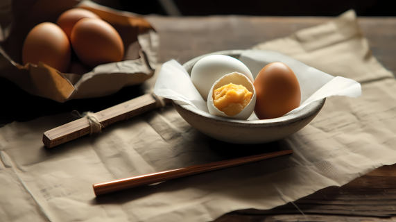 木桌上的蛋和两根筷子工笔风格摄影图片