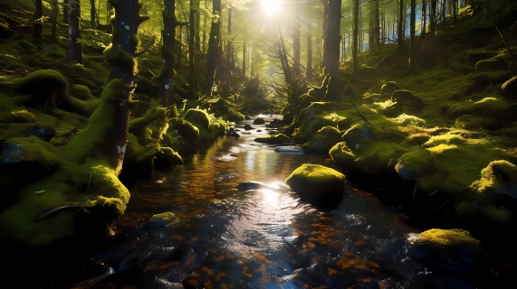 挪威森林苔藓间的阳光摄影图