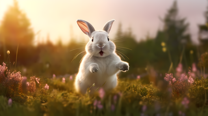 白兔跃出草丛的可爱摄影图版权图片下载