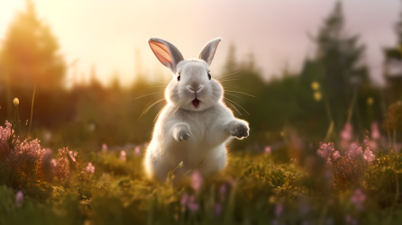 白兔跃出草丛的可爱摄影图