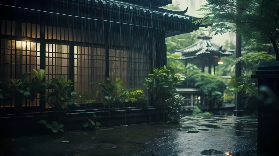 苍翠绿意滴落的雨水在中国园林窗前流淌摄影图