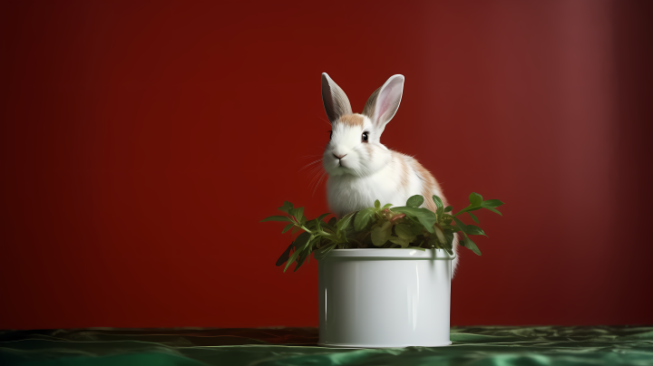 兔子坐在绿白风格的盆上摄影图版权图片下载
