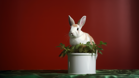 兔子坐在绿白风格的盆上摄影图