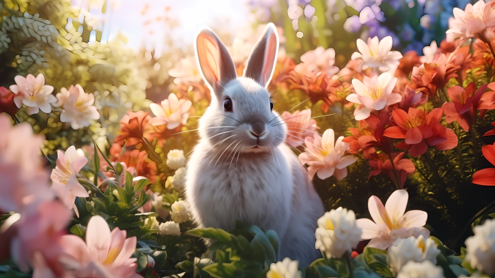 花园白兔与鲜花同框摄影图版权图片下载