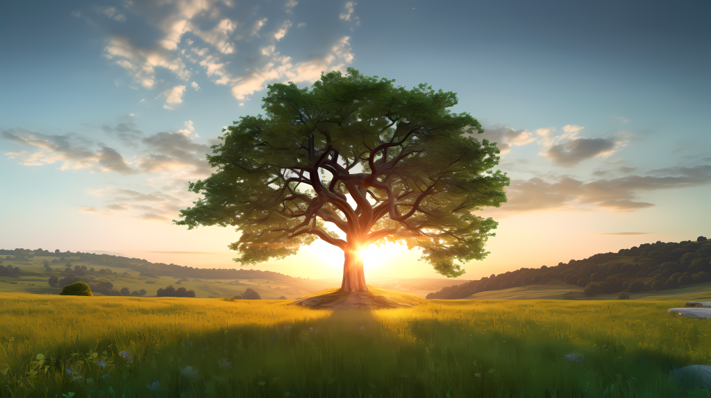 田野上的青翠大树摄影图版权图片下载