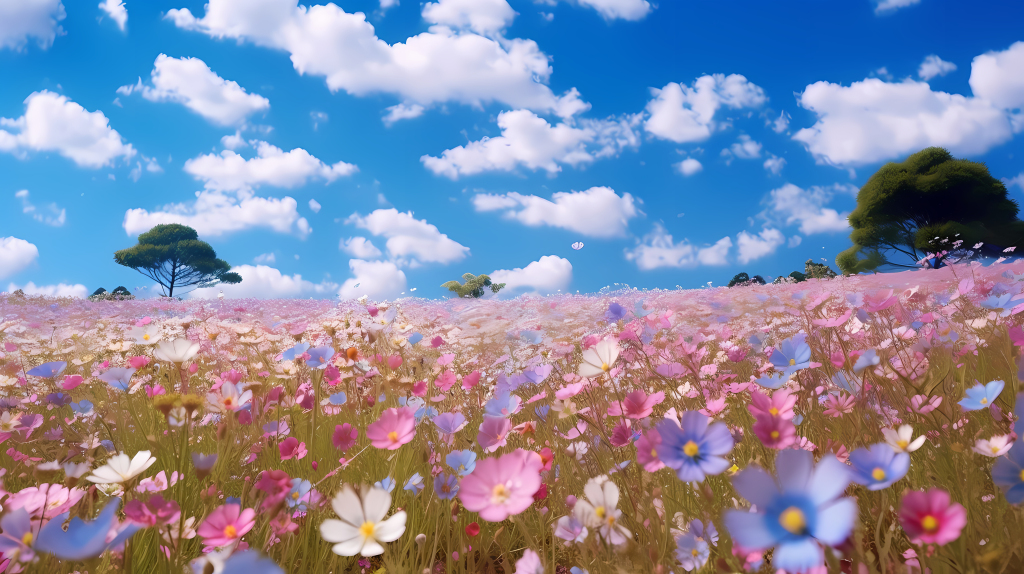 花海山川粉白花朵下的蓝天摄影图