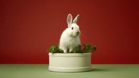 白绿色风格兔子坐在罐子上摄影图
