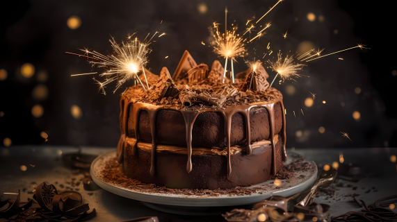 巧克力花烛生日蛋糕摄影图