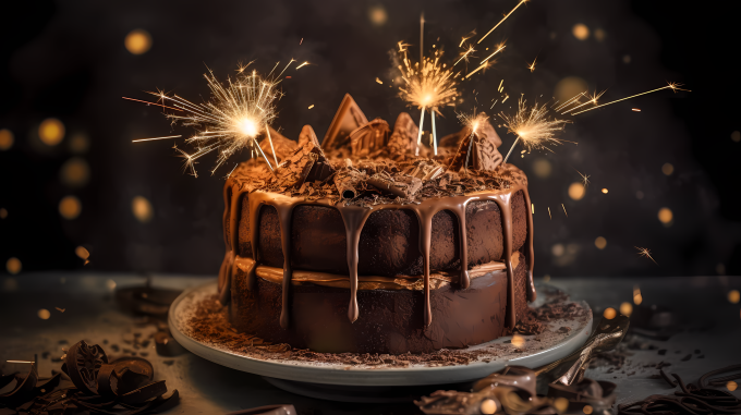 巧克力花烛生日蛋糕摄影图