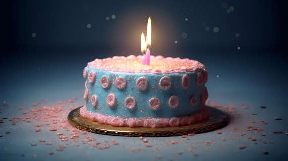 粉蓝色生日蛋糕点缀鲜花与蜡烛的摄影图