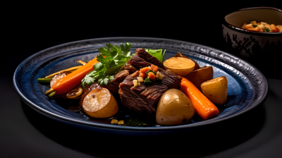 中国风味土瓷盘牛肉土豆胡萝卜摄影图片