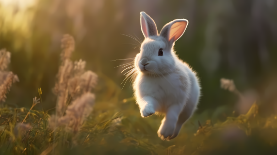 白兔草丛中腾跃摄影图