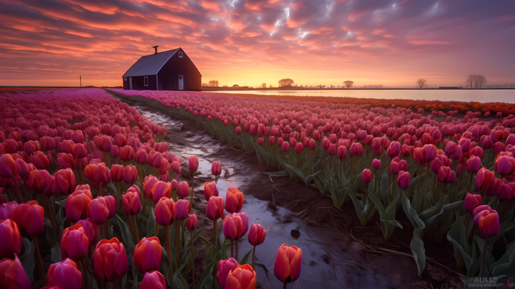 粉金色荷兰郁金香花田风景摄影图