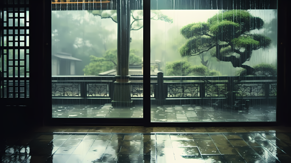 中国园林中深蓝和浅绿风格的雨水流经窗户的摄影图