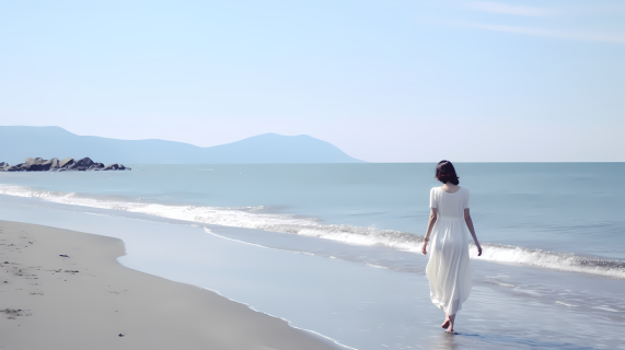 白裙海滩漫步摄影图