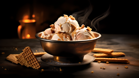 铜锅冰淇淋配杏仁和焦糖摄影图