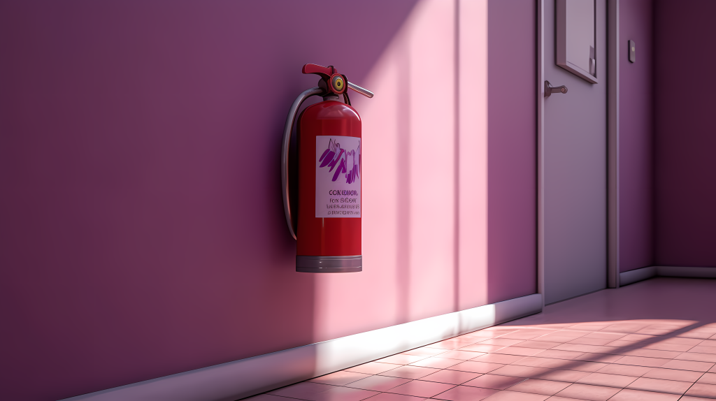墙上灭火器的淡红浅紫色调光影摄影图