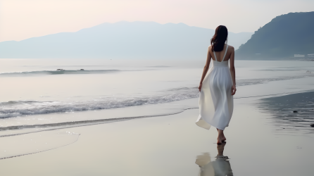 台北极简主义风格长裙海滩漫步摄影图