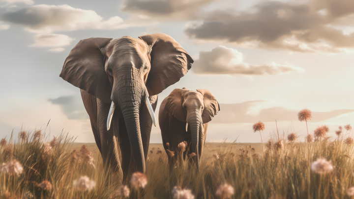 大象穿过开阔的草地摄影图版权图片下载