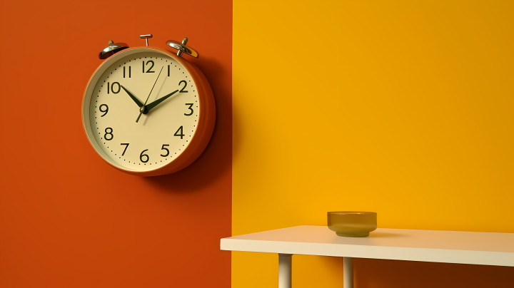 色彩鲜艳的红色时钟附着于黄色墙上摄影图版权图片下载
