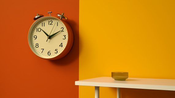 色彩鲜艳的红色时钟附着于黄色墙上摄影图