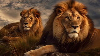 夕阳西下的两头荒野雄狮摄影图