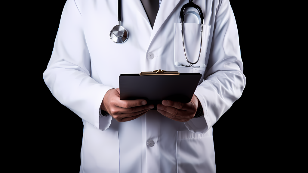 精细刻画的男医生持着病历夹的摄影图