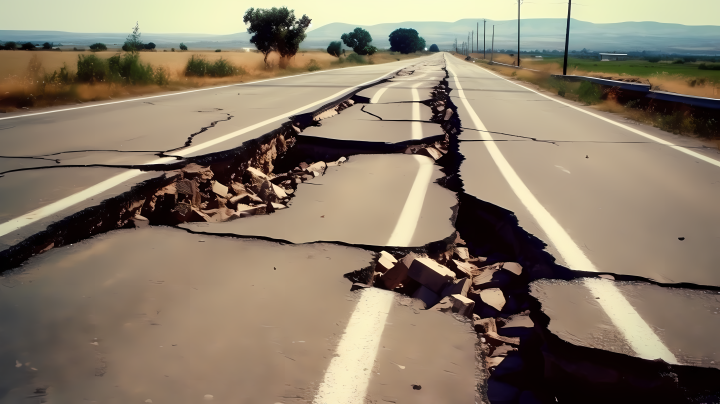 自然灾难地震损毁道路摄影图版权图片下载