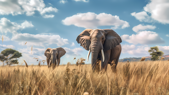自由主义草原上漫步的大象摄影图