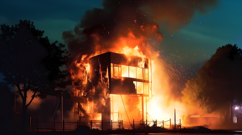 夜晚楼房失火现场摄影图版权图片下载