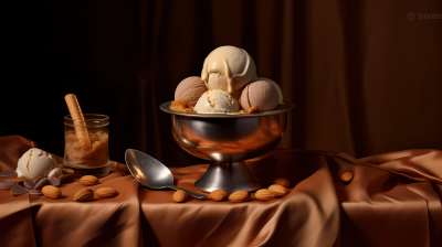 铜锅冰淇淋配杏仁碎和焦糖摄影图