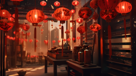 红色中国书法装饰的窗户摄影图