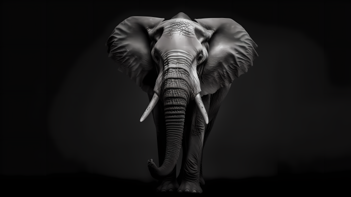 灰色大象在黑色背景中站立版权图片下载