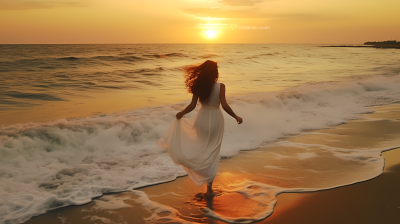 夕阳沙滩上奔跑的白衣女子摄影图
