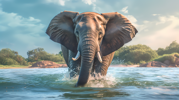水中戏耍的大象摄影图