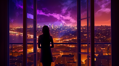 夜色中眺望城市天际线的女子摄影图