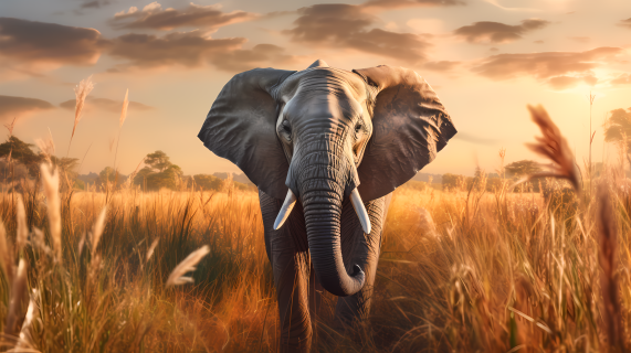 落日中的大象摄影图