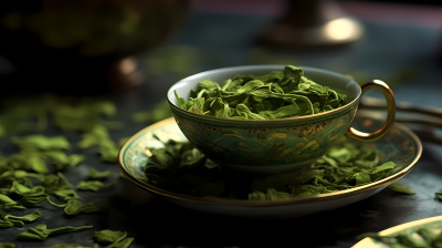 翠绿茶叶杯中映照的质感摄影图