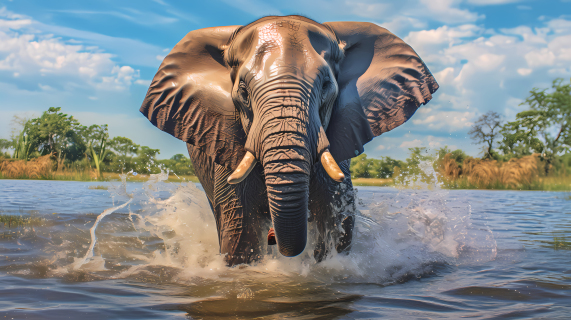 热情洋溢的水中大象摄影图片