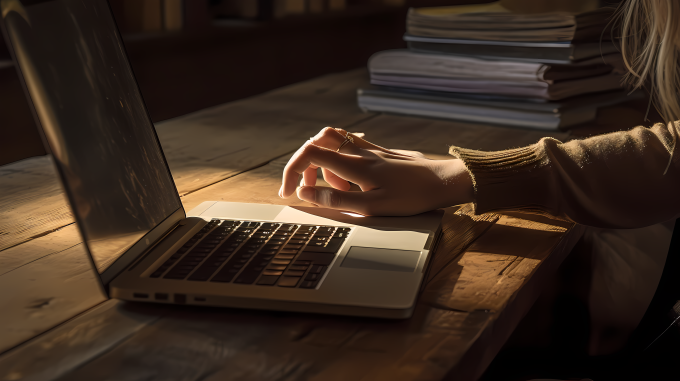 木桌电脑读书女手摄影图片