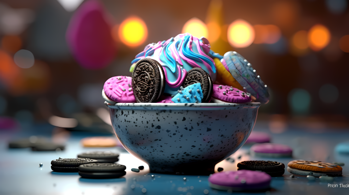 奇幻机器风格下的Oreo饼干冰淇淋和彩色糖屑摄影图片