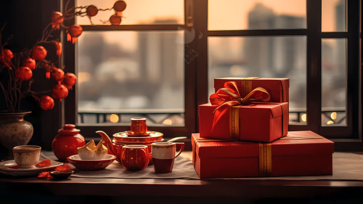 红色包装的新年礼物摄影图版权图片下载