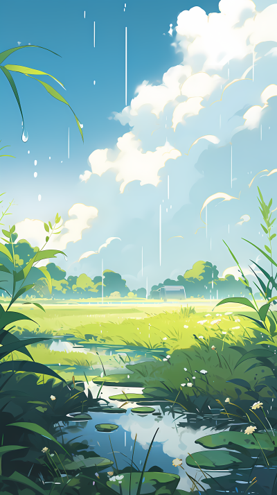 夏日草原上的雨滴摄影图