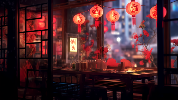 红色中国书法装饰的梦幻摄影图