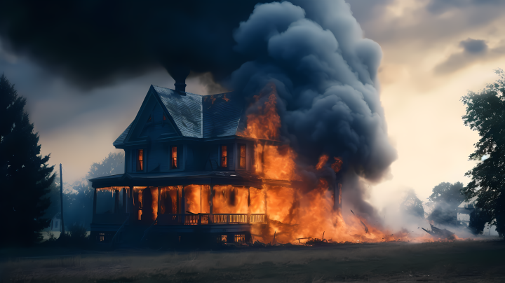 古老房屋在阳光下燃烧的摄影图版权图片下载
