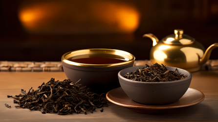 轻黄浅黑纹理层次分明的纯银茶具与黑茶搭配的健康美图