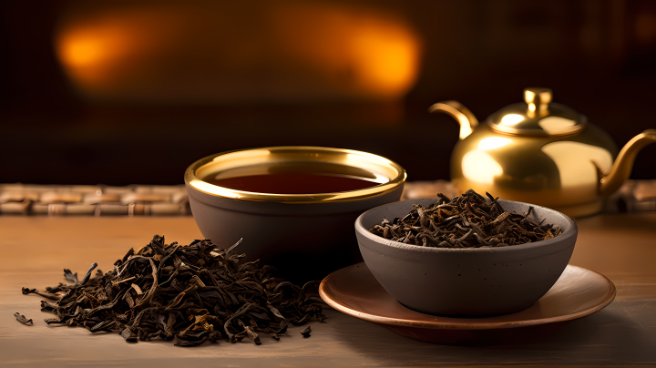 轻黄浅黑纹理层次分明的纯银茶具与黑茶搭配的健康美图版权图片下载