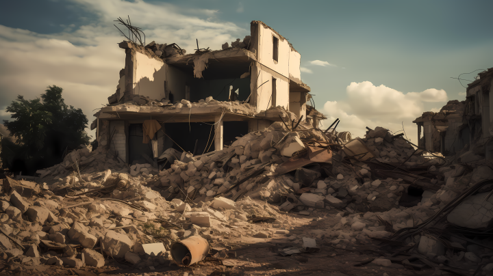 被地震摧毁的房屋废墟与碎石环绕的纪实摄影图版权图片下载